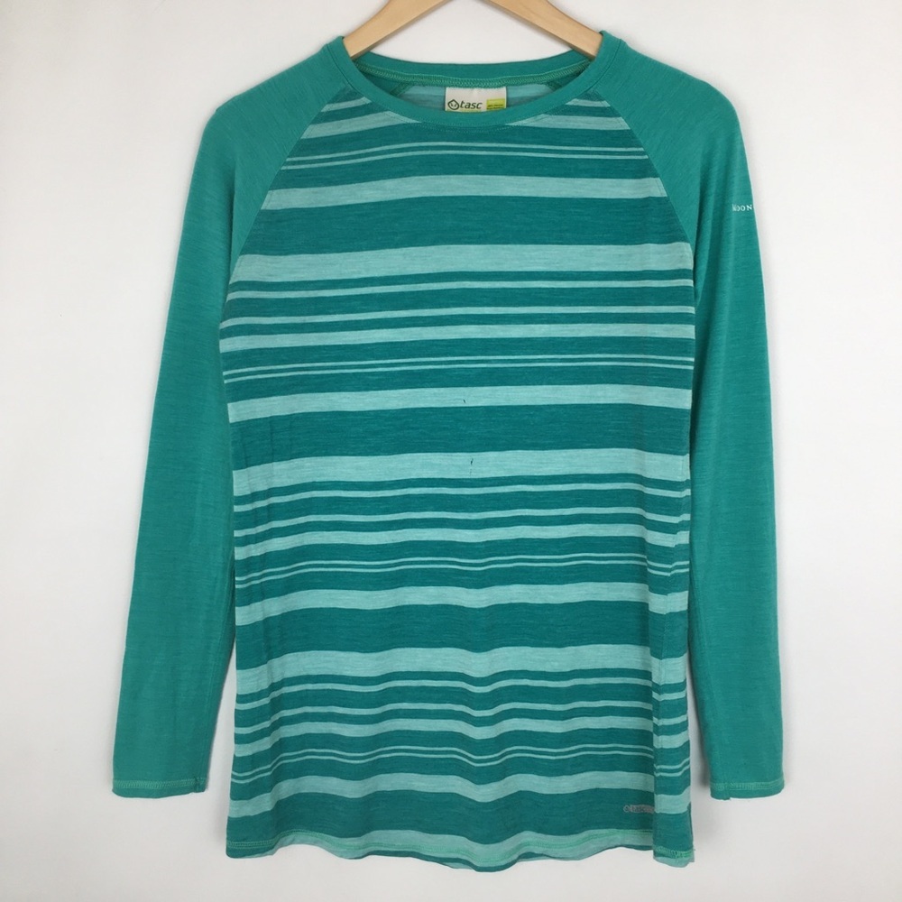 Tasc Performance Bamboo Viscose Merino Wool Base Layer Shirt Green Stripes Sz S